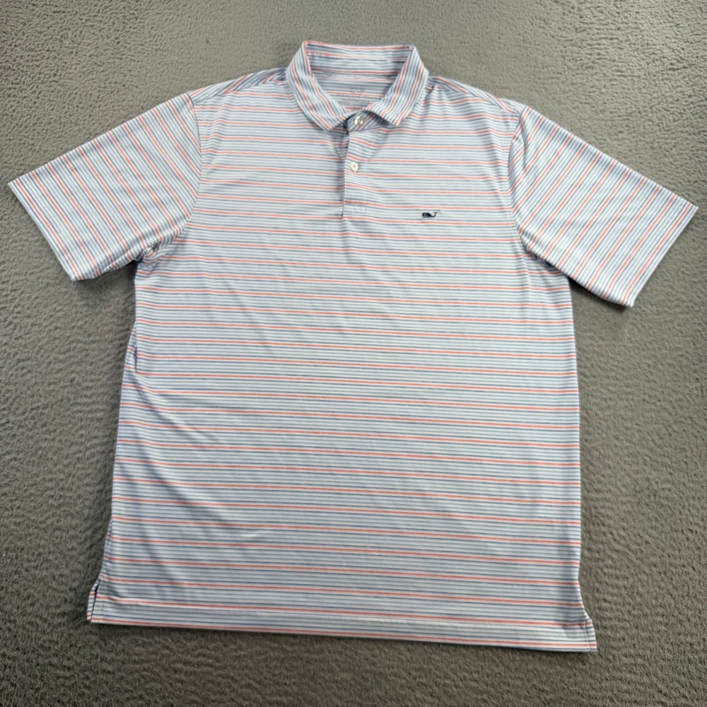 Vineyard Vines Performance Polo Shirt Mens Large Blue Red Striped Short Sleeve